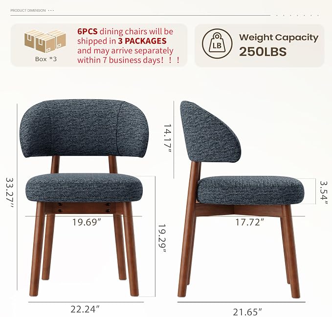 MALOL Wooden Dining Chairs Set of 6, Modern Upholstered Dining Room Chair, Fabric Kitchen Side Chairs with Curved Open Back for Living Room/Restaurant/Cafe, Dark Blue