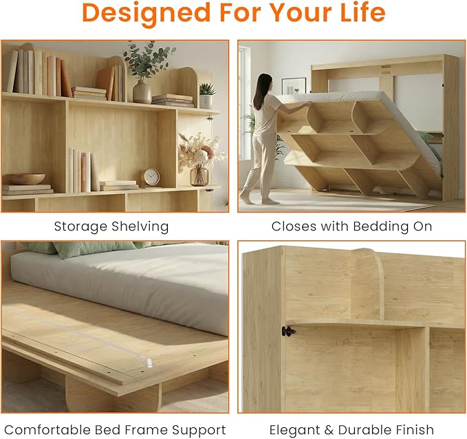 CECER Horizontal Murphy Bed Queen，Save Space for Offices/Guest-Natural Wood | Multi-Functional Queen Murphy Cabinet Beds with Storage Shelf/Bookshelf，Sturdy frame ＆ Easy Assemble
