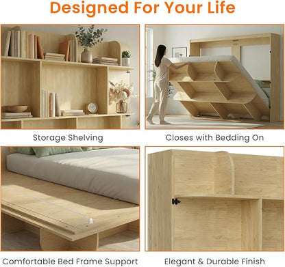 CECER Horizontal Murphy Bed Queen，Save Space for Offices/Guest-Natural Wood | Multi-Functional Queen Murphy Cabinet Beds with Storage Shelf/Bookshelf，Sturdy frame ＆ Easy Assemble
