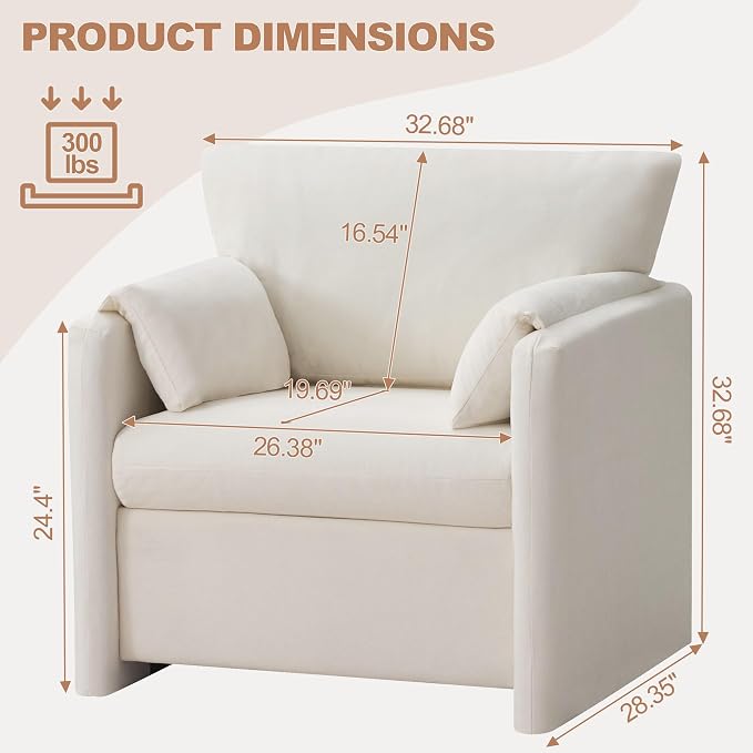 Oversized Accent Chair for Living Room, 32.68" Large Modern Armchair with Deep Seat, Mid-Century Comfy Reading Chair with Padded Arms, Chenille Single Sofa Chairs for Bedroom, Beige
