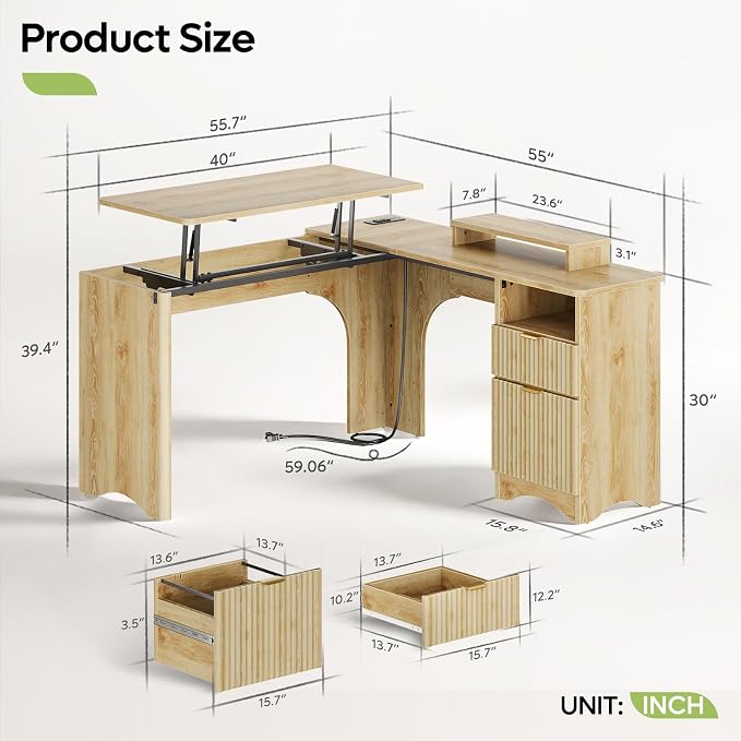 Bestier L Shaped Desk with Lift Desktop, 55 inch Corner Desk with Fluted Panel Deisgn Drawers, Modern Office Desk with File Drawer (Natual Oak, 55'' x 55'' Lift Top)