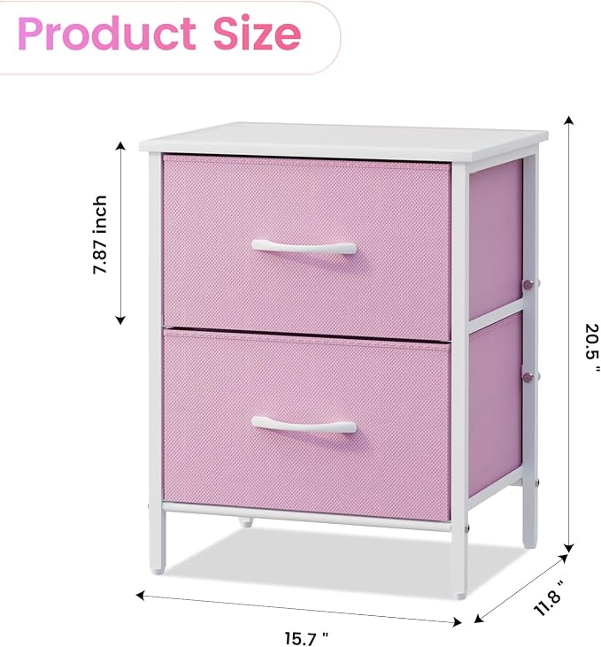 Stero Nightstand, Kids Dresser with 2 Drawers, Steel Frame Bedside Furniture, Wood Top Fabric Night Stand, Colorful End Table for Home, Bedroom, Office Pink