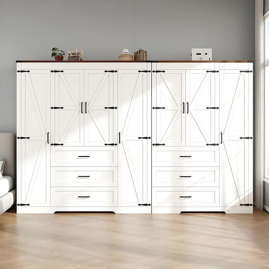 70" Tall Wardrobe Closet with 7 Doors & 6 Drawers, Farmhouse Armoire with Hanging Rod, Wooden Armoire Wardrobe Closet for Bedroom, Freestanding Clothing Storage Cabinet, White