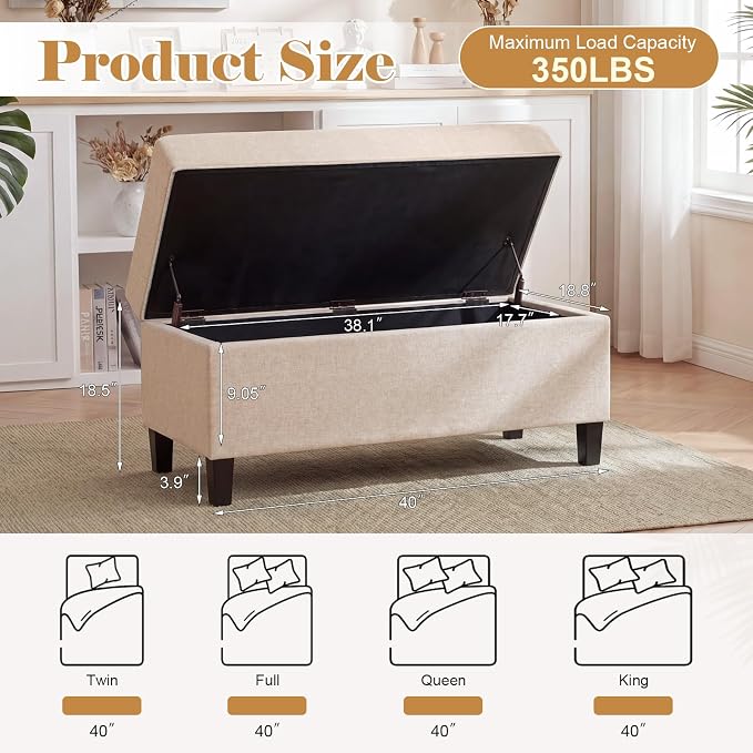 Asense Storage Ottoman Bench,18.8 x 40 x 18.5 Inches Storage Bench,Foot Rest with Legs,Tufted Ottomans with Safety Hinge,End of Bed Bench for Bedroom,Living Room,Entryway