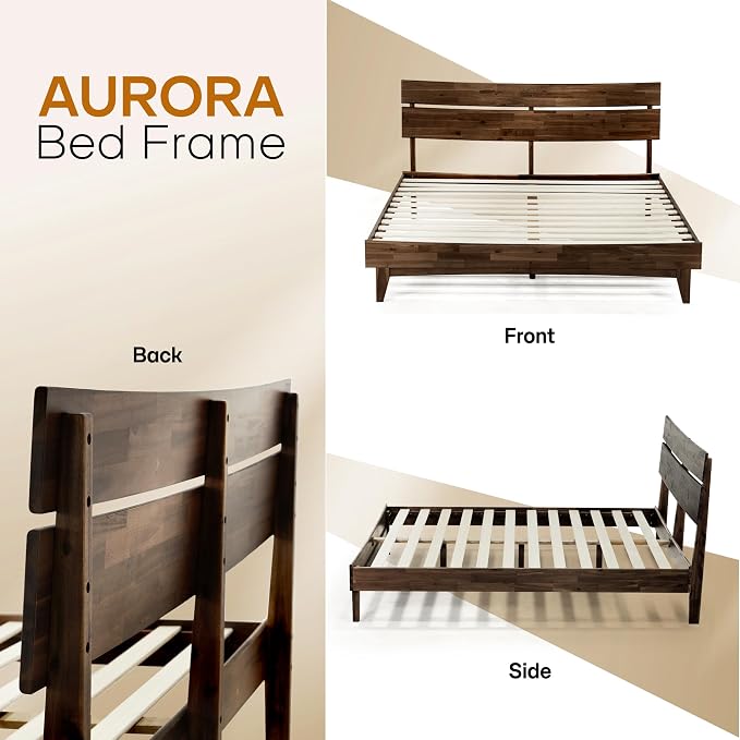 Acacia Aurora Wooden Bed with Headboard, King Size Bed Frame, 800lbs Capacity Wood Bed Compatible with All Mattress Types, Non-Slip & Noise-Free, Wood Slats Support, Easy Assembly, Chocolate.