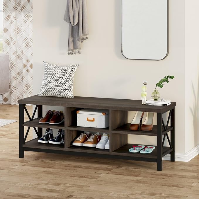 FATORRI Shoe Bench Entryway with Storage, Industrial Wood and Metal Hallway Benches with Adjustable Shelves, Rustic Entry Way Bench for Living Room (47.24 Inch Long, Walnut Brown)