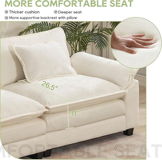 Oprisen 120" Modular Sectional Sofa, Comfy Cloud Couch Sectional Sofa with Ottoman, Chenille Sofa Sleeper Deep Seat Sofa with Throw Pillows for Living Room (Beige White, 120"- L Shape)