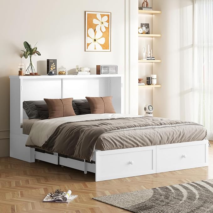 ijuicy Queen Cube Murphy Bed, Charge & Storage, Includes Mattress，White | Space-saving hideaway foldable design, practical temporary sleeping bed for guest room & small space use