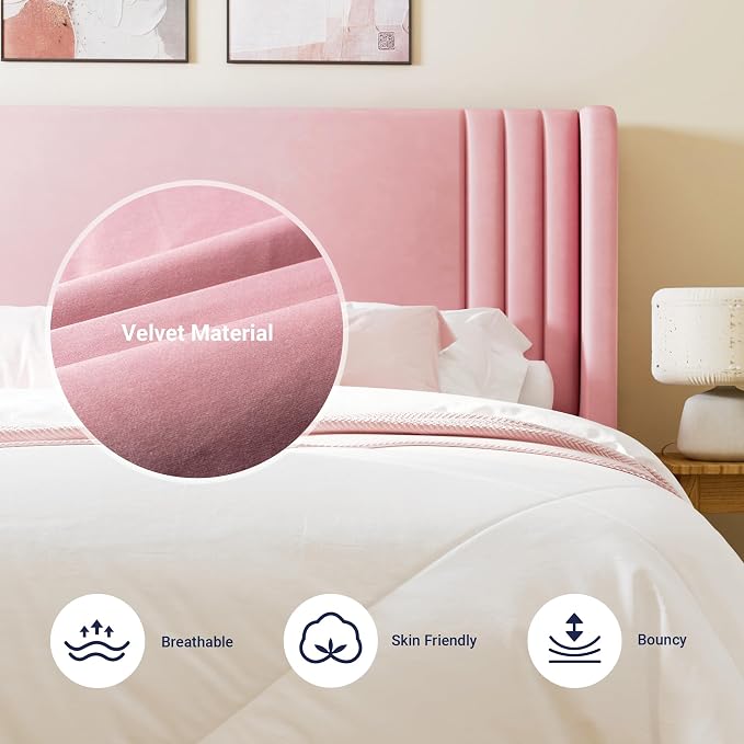 Allewie King Size Velvet Platform Bed Frame with Vertical Tufted Wingback Headboard, Easy Assembly, Under Bed Storage, No Box Spring Required, Modern Style, Pink