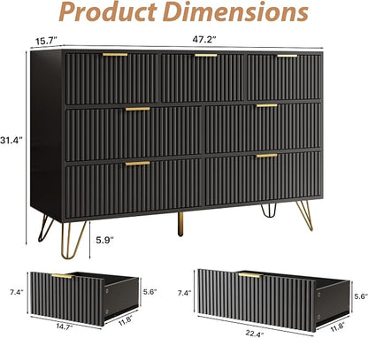 MAISONARIA Black Dresser for Bedroom, 7 Drawer Dresser with Gold Pulls, Wide Chest of Drawers for Bedroom, Entryway, 47.2" L x 15.7" D x 31.4" H