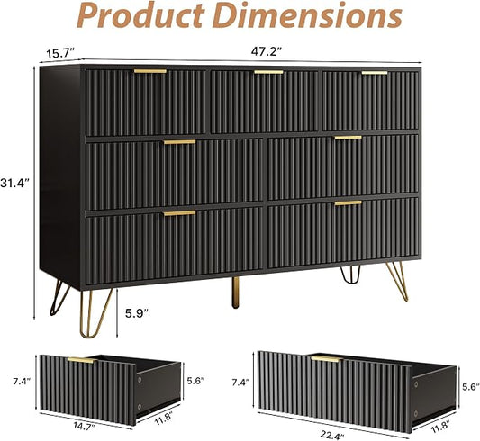 MAISONARIA Black Dresser for Bedroom, 7 Drawer Dresser with Gold Pulls, Wide Chest of Drawers for Bedroom, Entryway, 47.2" L x 15.7" D x 31.4" H