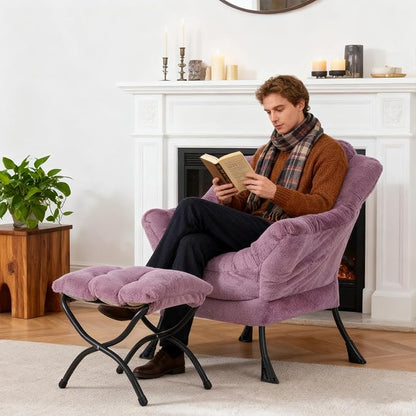 Welnow Lazy Chair with Ottoman, Modern Accent Chair with Armrests and a Side Pocket, Leisure Sofa Armchair Set, Reading Armchair with Footrest for Small Space, Plush Purple