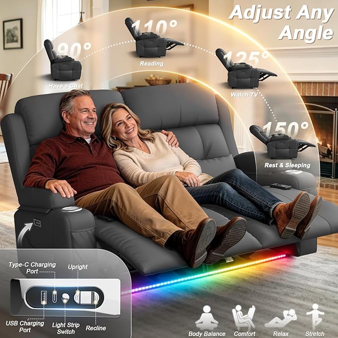 Power Reclining Loveseat with Massage & Heat,Wall Hugger Home Theater Seating with LED Lights,USB & Type-C Ports, Ideal for RV, Home Theater and Game Room,Gray,2 Seats