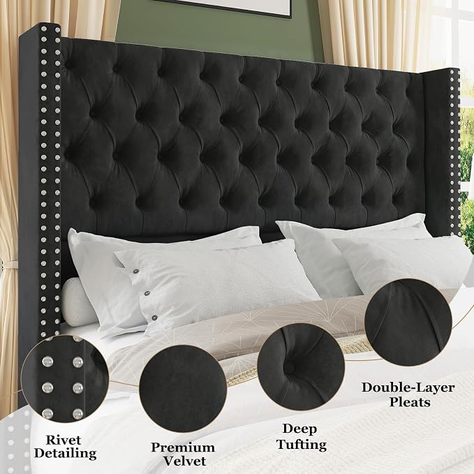 Jocisland Queen Size Bed Frame with 51.6” Wingback Tufted Velvet Headboard, Modern Upholstered Platform Bed, No Box Spring Needed, Easy Assembly, Black
