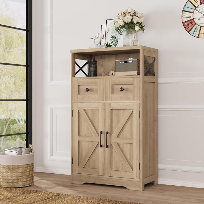 Befrases Natural Wood Storage Cabinet with Drawers and Shelves, Standing Kitchen Pantry Cabinet, Floor Storage Cabinet Hutch Cupboard, Coffee Bar Station for Dining Living Room Home Office