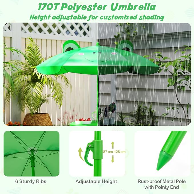 HONEY JOY Kids Picnic Table, Animal Themed Toddler Outdoor Table and Chair Set, 2 Folding Chairs & Removable Umbrella, Children Outdoor Furniture for Backyard Patio Garden (Green Frog)