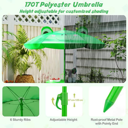 HONEY JOY Kids Picnic Table, Animal Themed Toddler Outdoor Table and Chair Set, 2 Folding Chairs & Removable Umbrella, Children Outdoor Furniture for Backyard Patio Garden (Green Frog)