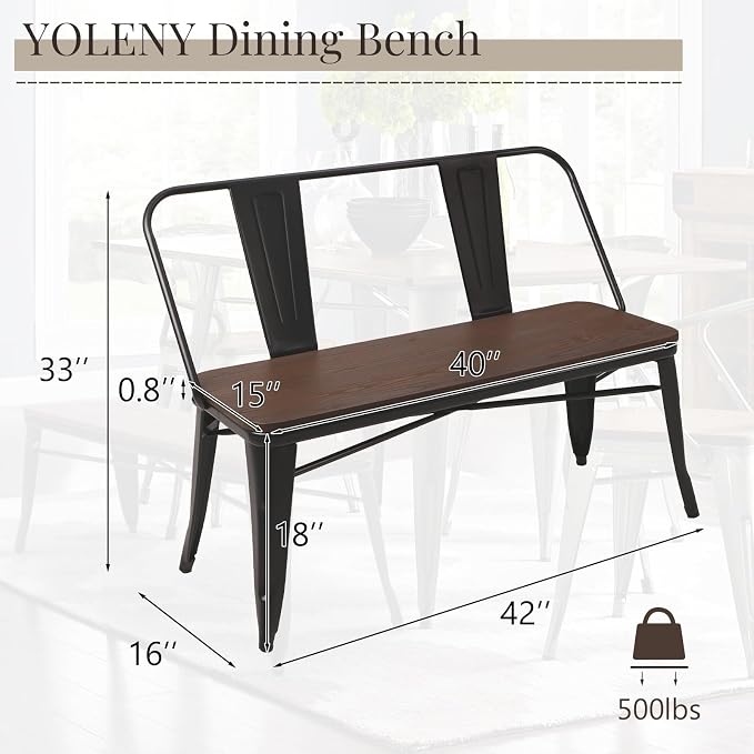 YOLENY Dining Bench, Entryway Bench with Back, Farmhouse Metal Dining Bench, Industrial Mid-Century 3 Person Rustic Spindle Bench, with Wood Seat, Removable Backrest, 42in, Black