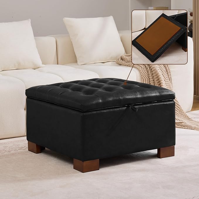 WUTUTUEE 30" Faux Leather Square Storage Ottoman with Wooden Tray, Modern Tufted Button Footstool Coffee Table, Upholstered Large Ottoman for Living Room, Bedroom, Black