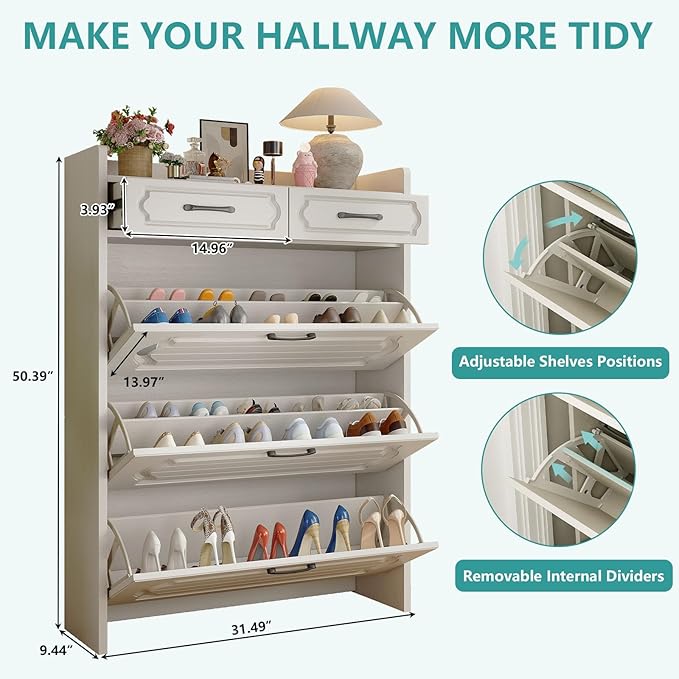 Shoe Cabinet with 3 Large Flip Drawers and 2 Storage Drawers, Narrow Shoe Organizer Cabinet Fits for Kinds of Shoes, Slim Shoe Storage Cabinet for Entryway, Hallway, Light White