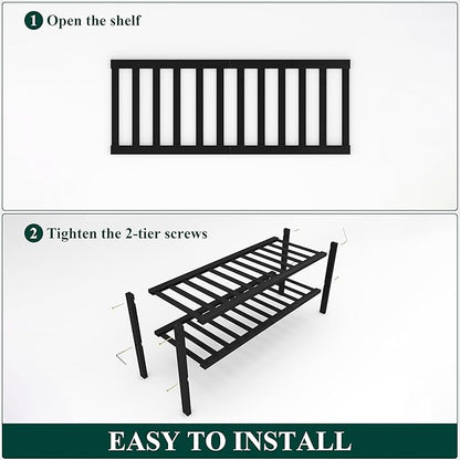 Smiry Bamboo Shoe Rack, 2 Tier Free Standing Wooden Shoe Organizer, Stackable Wood Shoe Storage Shelf for Closet, Entryway, 12 Vertical Slats, One-piece Standard Legs, 26.8"x11"x13", Black