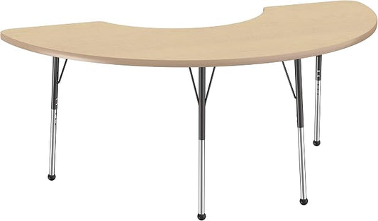FDP Half Moon Activity School and Office Table (36 x 72 inch), Standard Legs with Ball Glides for Collaborative Seating Environments, Adjustable Height 19-30 inches - Maple Top and Maple Edge