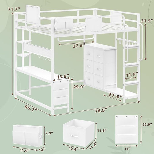 Dnxao Full Size Loft Bed with Desk, 900 lbs Heavy Duty Metal Bed Frame for Adults & Teens, 6 Storage Drawers, Power Outlet with Type-C, LED Lights, Integrated Study Workstation for Small Room, White