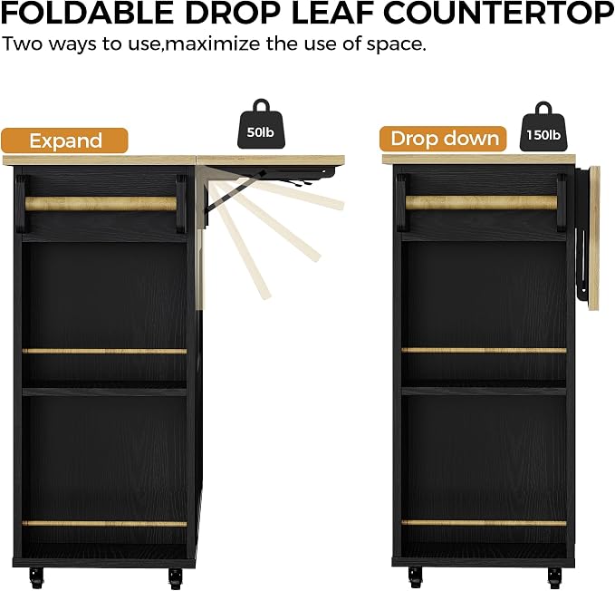 IRONCK Rolling Kitchen Island Table on Wheels with Drop Leaf, Storage Cabinet and Drawer, 52 in Kitchen Cart with Spice and Towel Rack for Kitchen, Black