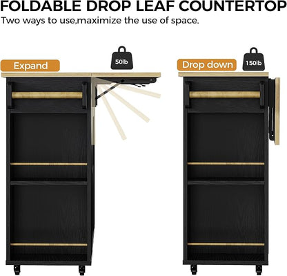 IRONCK Rolling Kitchen Island Table on Wheels with Drop Leaf, Storage Cabinet and Drawer, 52 in Kitchen Cart with Spice and Towel Rack for Kitchen, Black