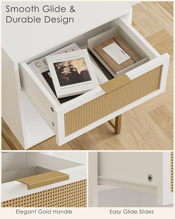 Masupu Rattan Nightstand,Modern Night Stand Boho Farmhouse Wood Bedside Table with Storage Drawer Side End Table for Bedroom,Office,White