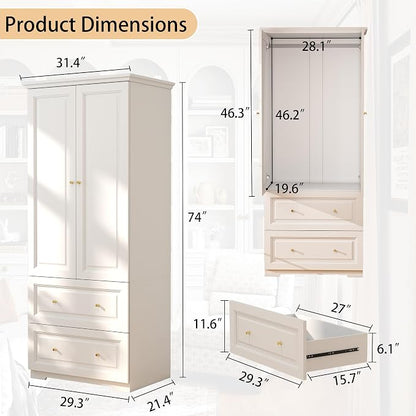 Bedroom Armoire Wardrobe Closet with Drawers: White Wardrobe Closet for Hanging Clothes, Large Wardrobes Storage Closets, Wood Closets Cabinets with Doors and Shelves (White, 31.5")