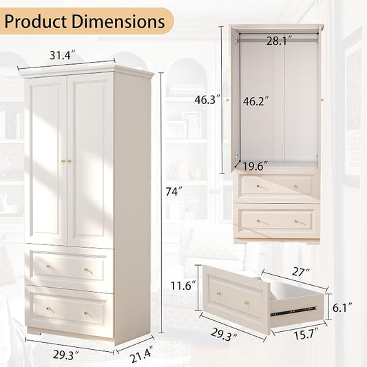 Bedroom Armoire Wardrobe Closet with Drawers: White Wardrobe Closet for Hanging Clothes, Large Wardrobes Storage Closets, Wood Closets Cabinets with Doors and Shelves (White, 31.5")