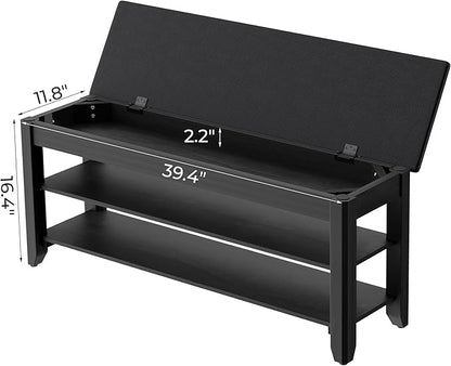 Homleke 2-Tier Solid Wood Shoe Rack Bench with Flip-Top Storage | Entryway Bench with Cushion, Adjustable Shelf, Holds Up to 10 Pairs, for Hallway, Bedroom and Closet, Black, 39.4 Inch