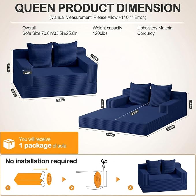 Erament Boneless Loveseat Convertible Sofa Bed, Folding Floor Futon Sleeper Sofa Couch Bed- Boneless Foldable Couch, Corduroy Pull Out Sofa Bed with 2 Pillows for Living Room & Bedroom