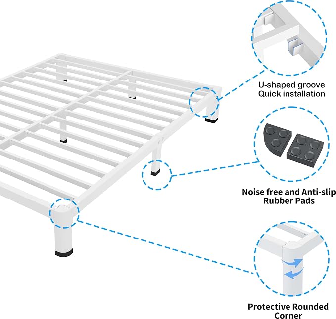 ROIL 4 Inch White King Bed Frame with Rounded Corner and Mattress Retainers, 3500LBS Heavy Duty Steel Slats No Box Spring Needed Platform Noise-Free Easy Assembly