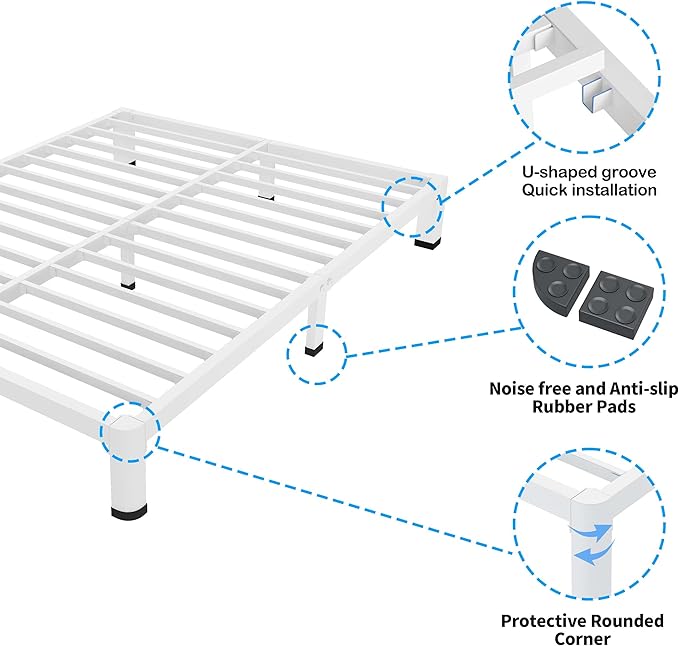 ROIL 20 Inch White King Bed Frame with Rounded Corner and Headboard Hole Mattress Retainers, 3500LBS Heavy Duty Steel Slats No Box Spring Needed Platform Noise-Free Easy Assembly