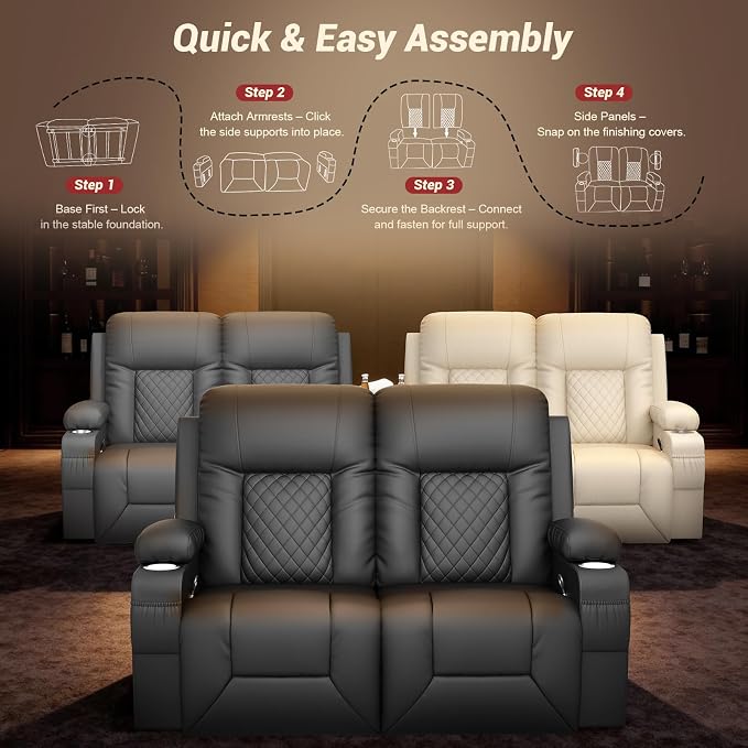 RV Loveseat Recliner Sofa, Reclining Loveseat Wall Hugger Recliners with USB Ports, Cup Holders, Insert Pockets, RV Recliners for Travel Trailers & Living Room, RV Furniture | RV Couch | Black