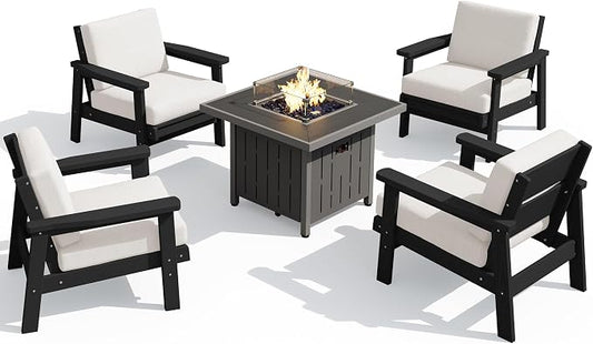 SERWALL Patio Furniture Set with 33” Fire Pit Table, HDPE Outdoor Sectional Sofa Set with Thickened Cushions, Black Frame with Khaki Cushions