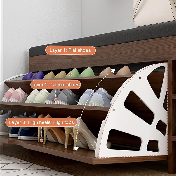 Shoes Storage Cabinet Shoe Stool Tipping Bucket-Shaped, Freestanding Rack Organizer Shoe Replacement Stool with Leather Cushion, Entryways Hallways Closets Bedroom (60d 1)