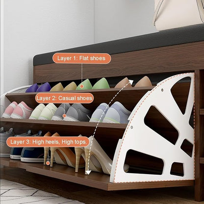 Shoes Storage Cabinet Shoe Stool Tipping Bucket-Shaped, Freestanding Rack Organizer Shoe Replacement Stool with Leather Cushion, Entryways Hallways Closets Bedroom (60d 1)