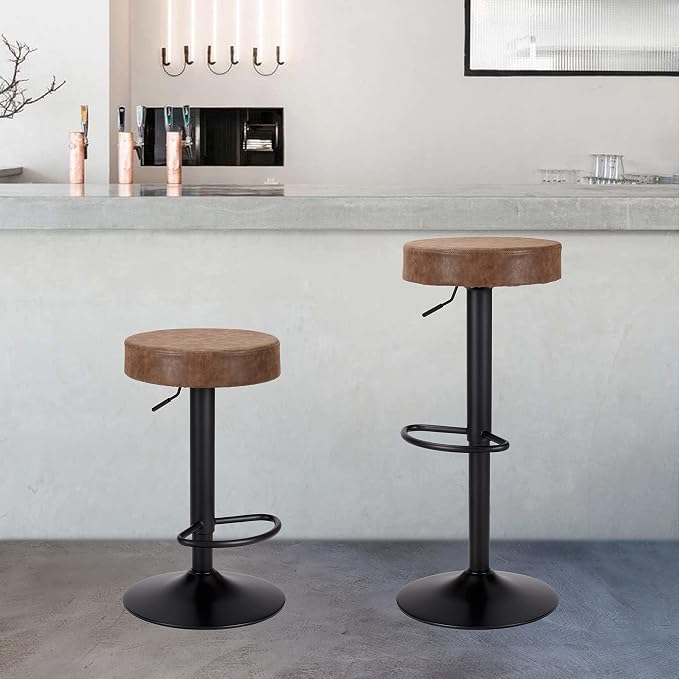 Finnhomy Bar Stools Set of 2 Counter Height, Swivel Barstools with Footrest and Backless Round, Height Adjustable Modern Bar stools for Kitchen, Vintage Leather, Retro Brown