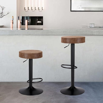 Finnhomy Bar Stools Set of 2 Counter Height, Swivel Barstools with Footrest and Backless Round, Height Adjustable Modern Bar stools for Kitchen, Vintage Leather, Retro Brown