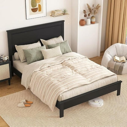 Wood Bed Frames with Headboard, Mid Century Bed Frame with Solid Wood Legs & Wooden Slat Support, Mattress Foundation Bed Base, No Box Spring Needed, (Black, Queen (U.S. Standard))
