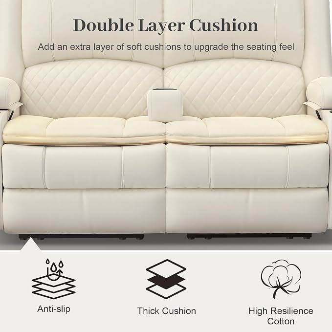 Yolsali Loveseat Recliner Sofa, Manual Reclining Loveseat with Removable Armrest, PU Leather Double Recliner for RV with 2-Tier Cushions, USB Charging Ports, Cup Holders - Ivory White