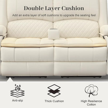 Yolsali Loveseat Recliner Sofa, Manual Reclining Loveseat with Removable Armrest, PU Leather Double Recliner for RV with 2-Tier Cushions, USB Charging Ports, Cup Holders - Ivory White
