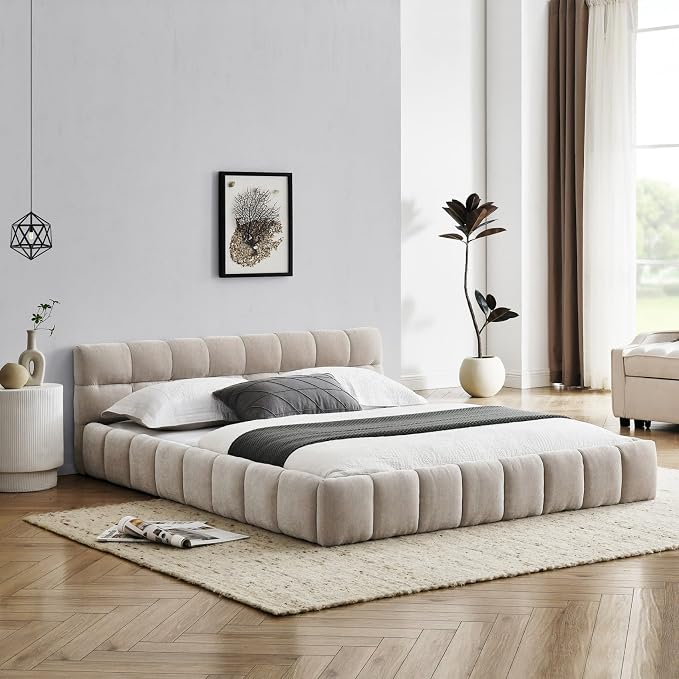 KEIKI Queen Thick Chenille Platform Bed Frame with Upholstered Tufted Headboard, Modern Solid Wood Floor Platform for Bedroom, No Box Spring Needed