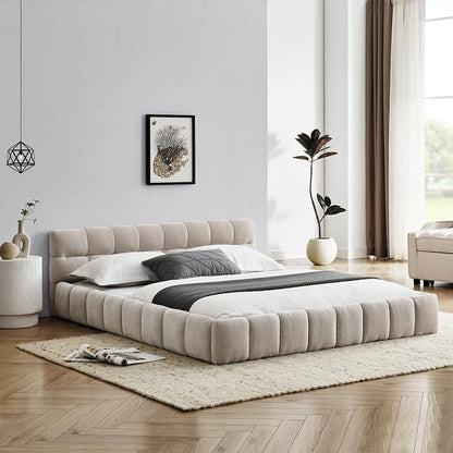 KEIKI Queen Thick Chenille Platform Bed Frame with Upholstered Tufted Headboard, Modern Solid Wood Floor Platform for Bedroom, No Box Spring Needed