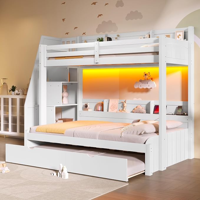 Twin Over Full Bunk Bed with Storage Staircase and Trundle,Storage Shelves, LED and USB,for Kids Teens Adults Bedroom Use (White-USB, Twin Over Full)