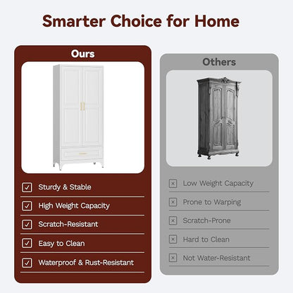 Metal Armoire Wardrobe Closet with Hanging Rod, 71" Tall Wardrobe Cabinet with Doors and Adjustable Shelves, Clothing Storage Cabinets with Drawer for Bedroom, Home