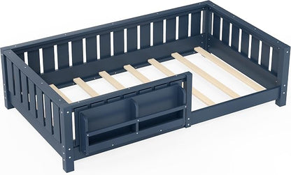 Twin Size Montessori Floor Bed with Bookshelf, Guardrail and Slats, Blue | Low Profile Montessori Floor Bed with Bookcase, Easy Assemble Montessori Beds Frame for Kids, Twin Floor Bed Frame